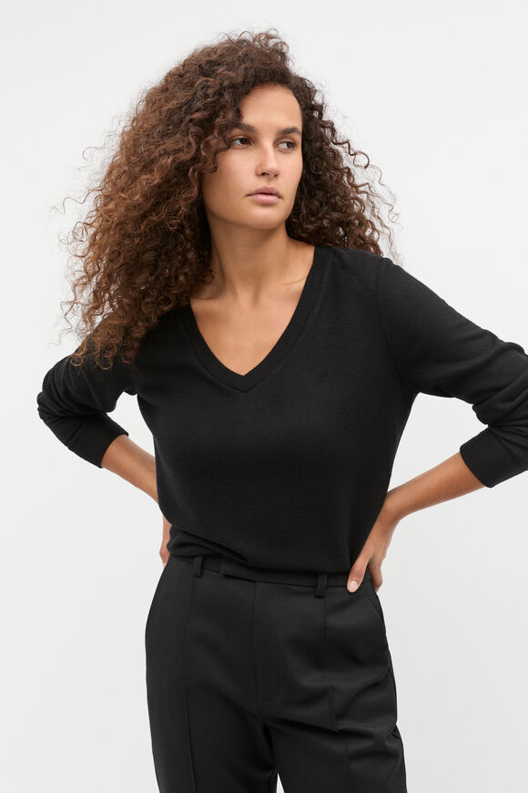 Supersoft Waffle V Neck Top  Black  hi-res