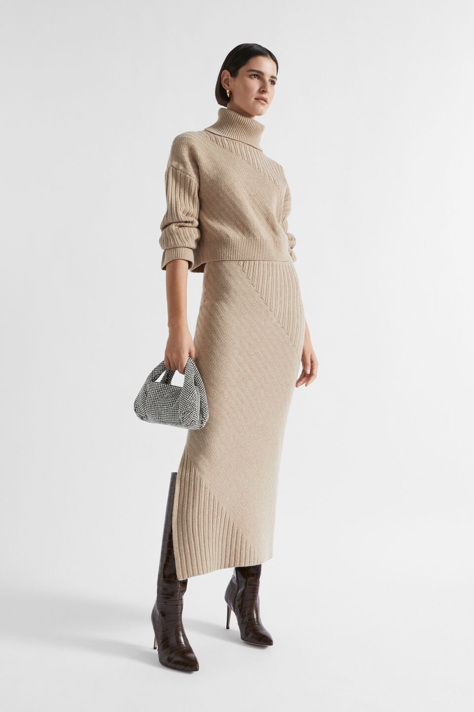 Diagonal Rib Knit  Champagne Beige Marle