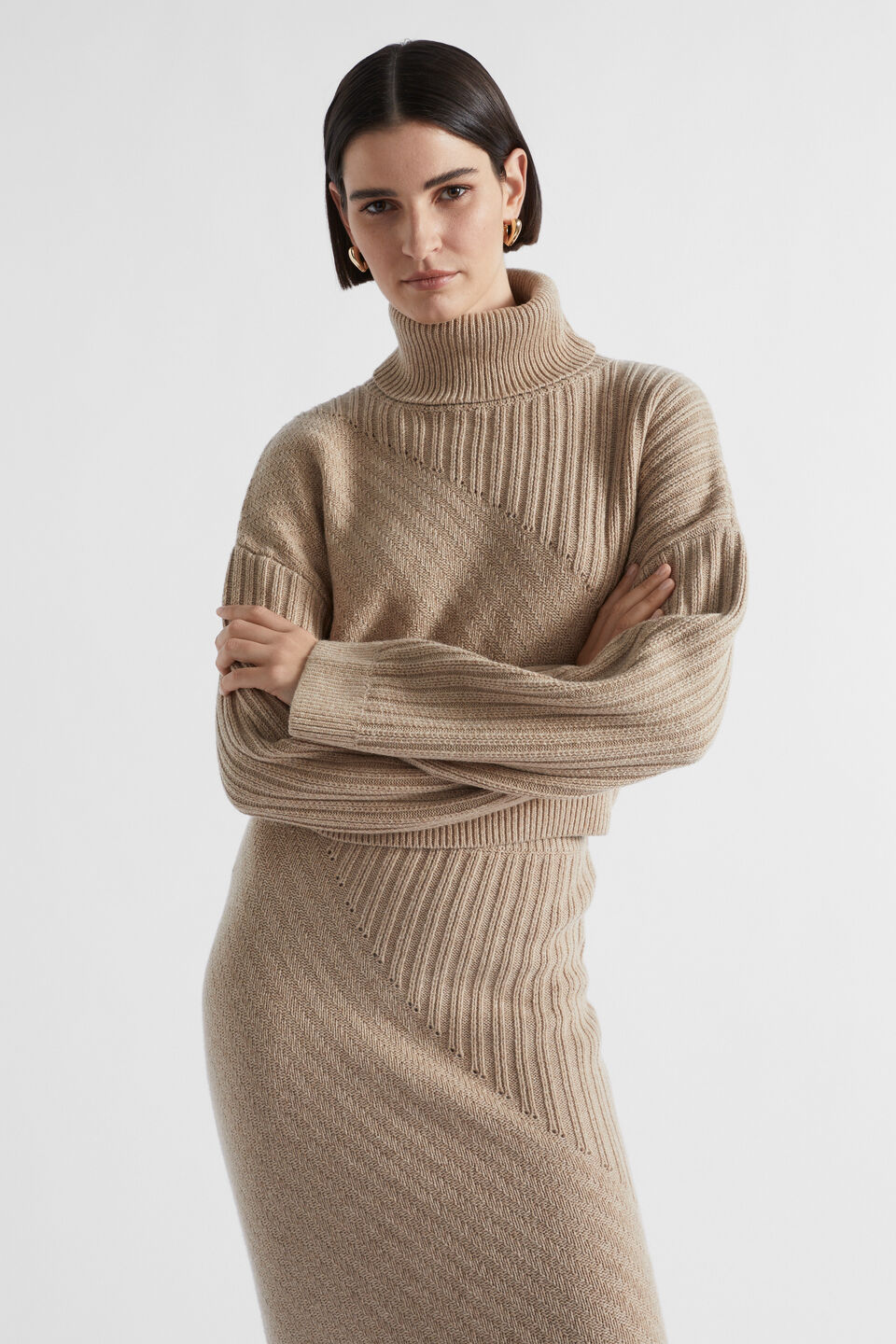 Diagonal Rib Knit  Champagne Beige Marle
