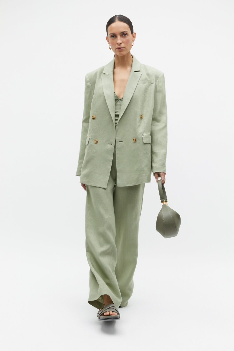 Linen Double Breasted Blazer  Pale Olive