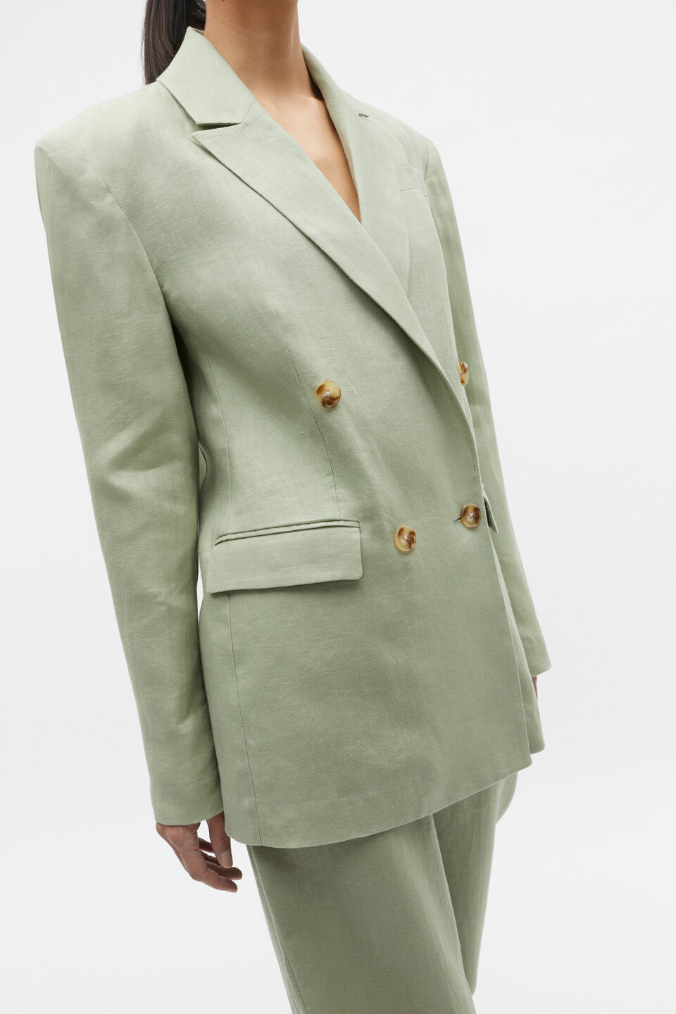 Linen Double Breasted Blazer  Pale Olive