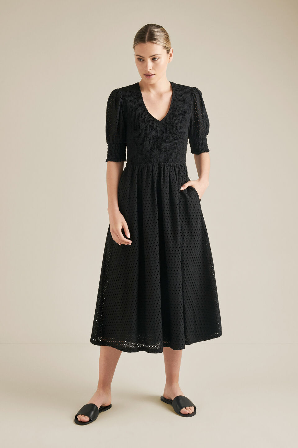 Embroidered Shirred Dress  
