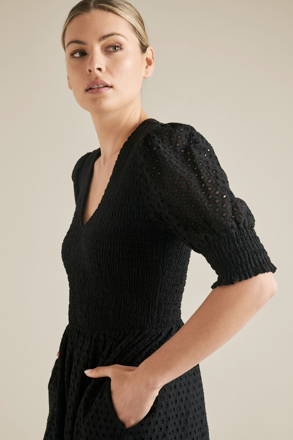 Embroidered Shirred Dress  