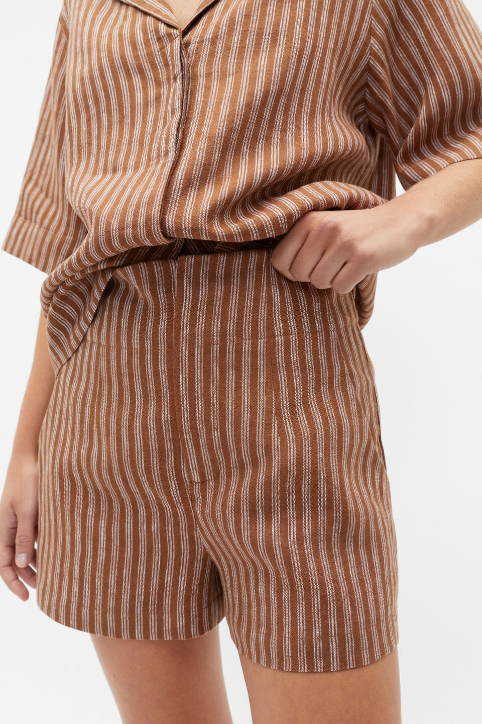 Core Linen Waisted Short  Cinnamon Spice Stripe