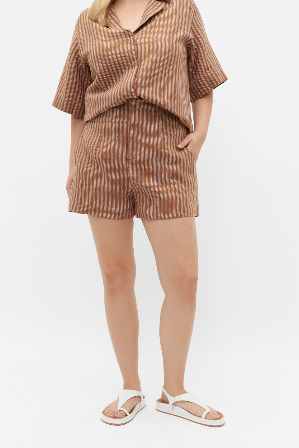 Core Linen Waisted Short  Cinnamon Spice Stripe