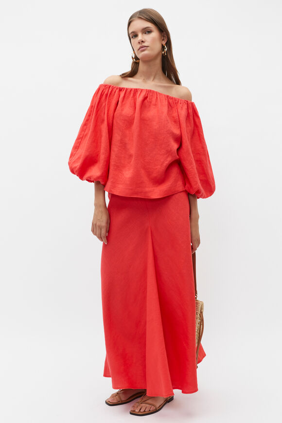 Linen Panel Insert Midi Skirt  Strawberry Red  hi-res