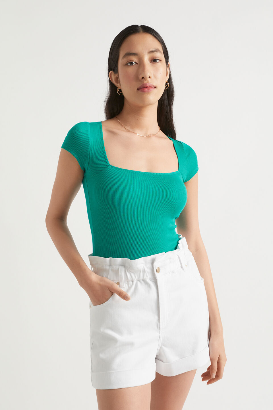 Square Neck Rib Tee  Deep Teal