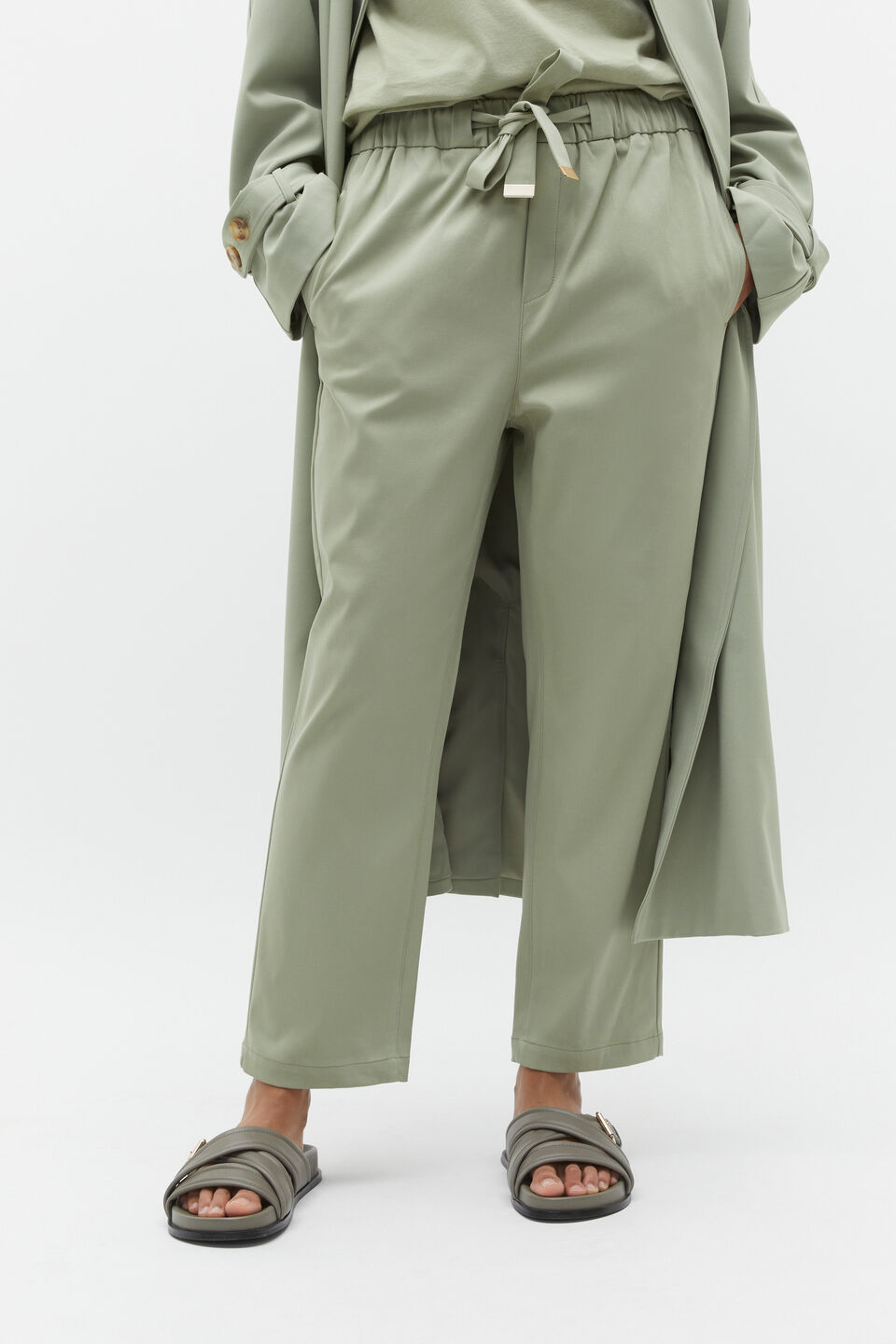 Tapered Leg Tie Pant  Pale Olive