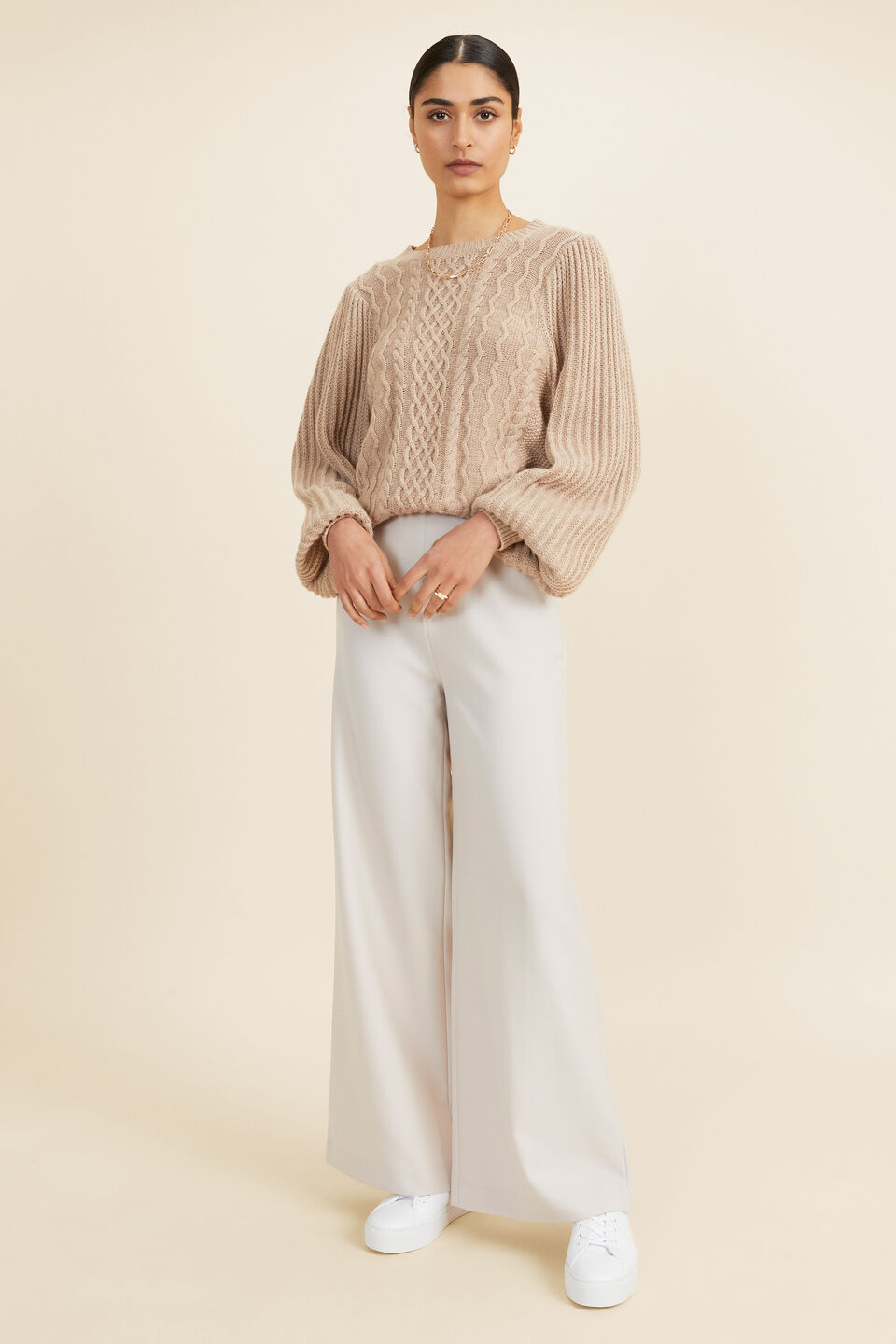 Wool Blend High Palazzo Pant  Oat