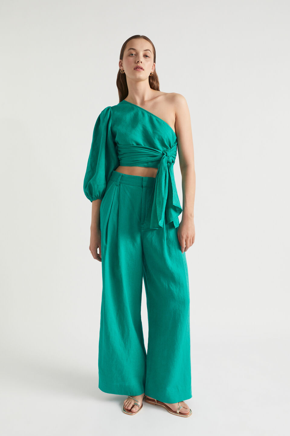 Linen Blouson One Shoulder Top  Deep Teal