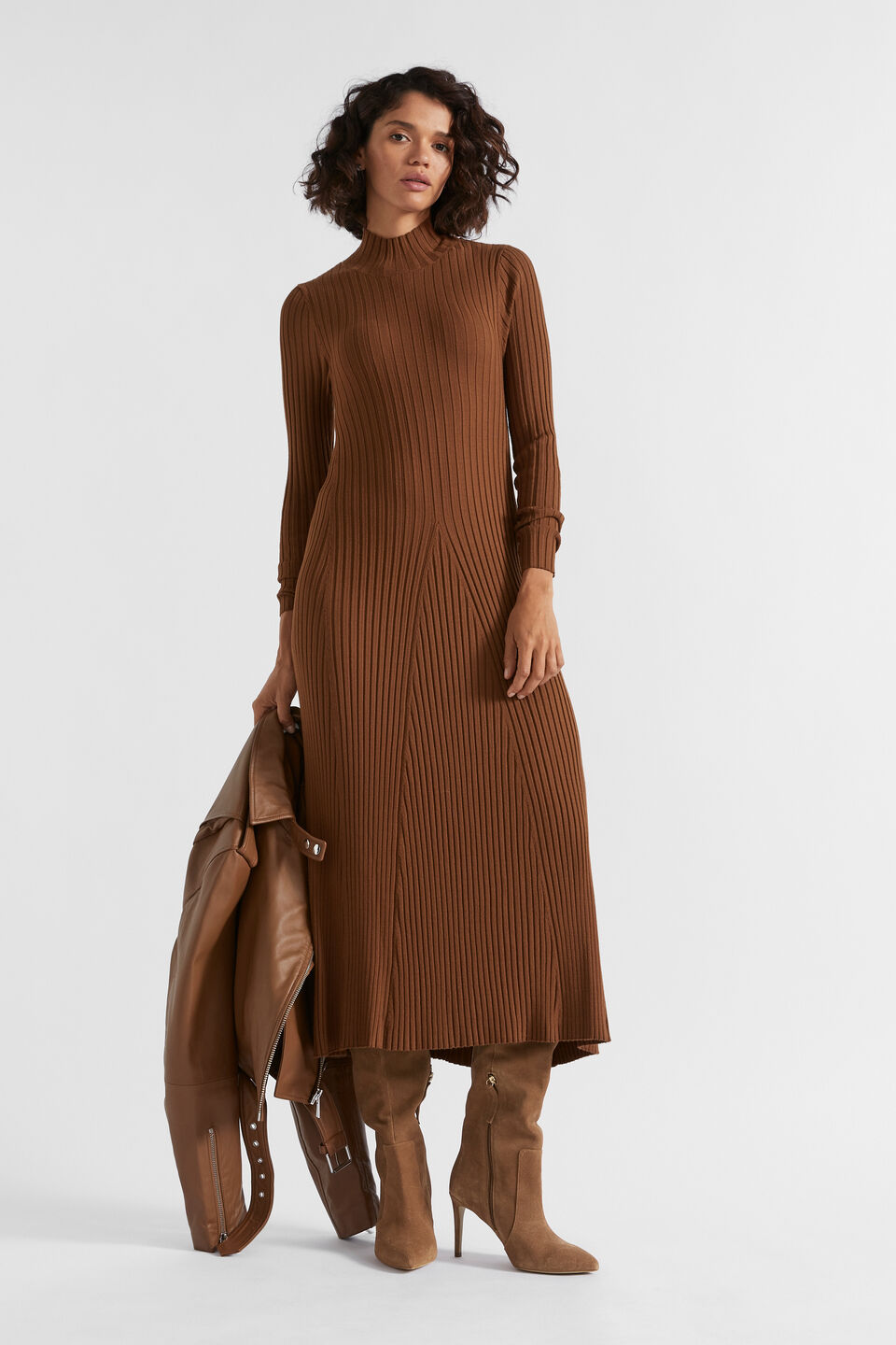 Rib Knit High Neck Dress  Spice