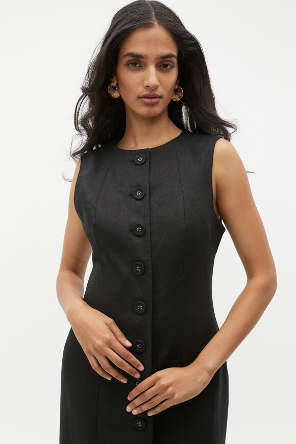 Linen Button Through Midi Dress  Black  hi-res