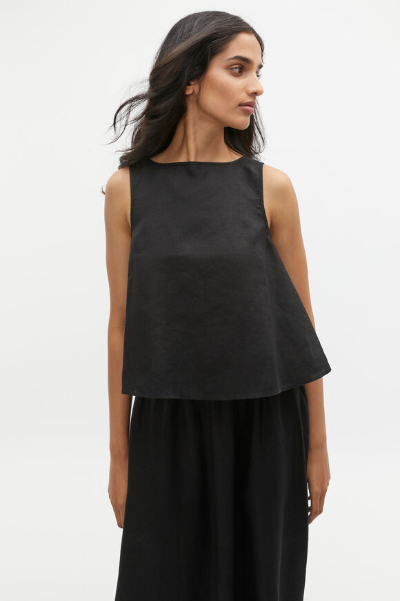 Linen Boat Neck Shell Top  Black  hi-res