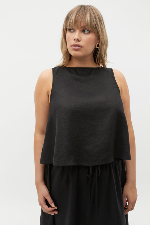 Linen Boat Neck Shell Top  Black  hi-res