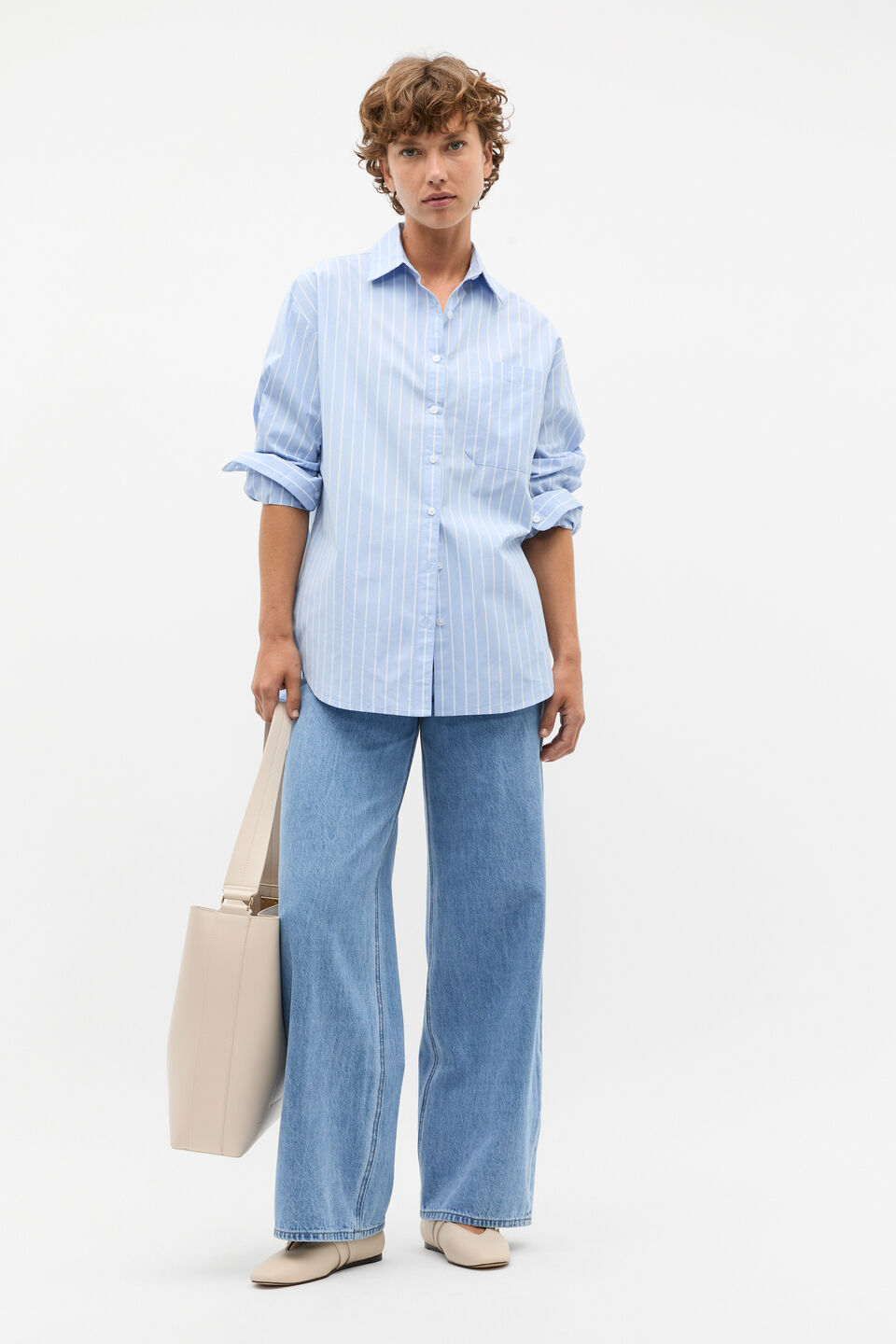 Poplin Pocket Front Shirt  Mist Blue Stripe