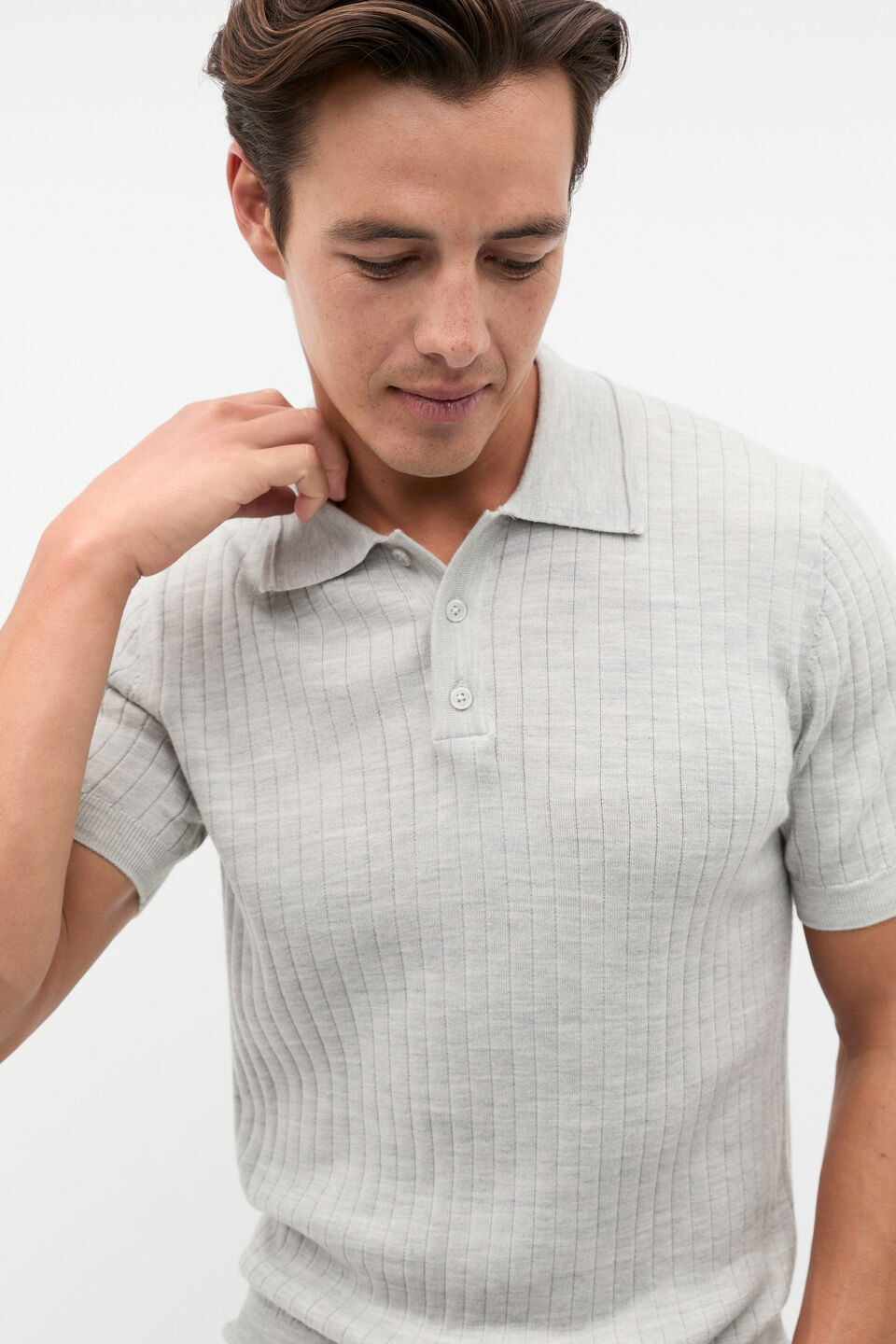 Merino Wool Polo  Silver Marle