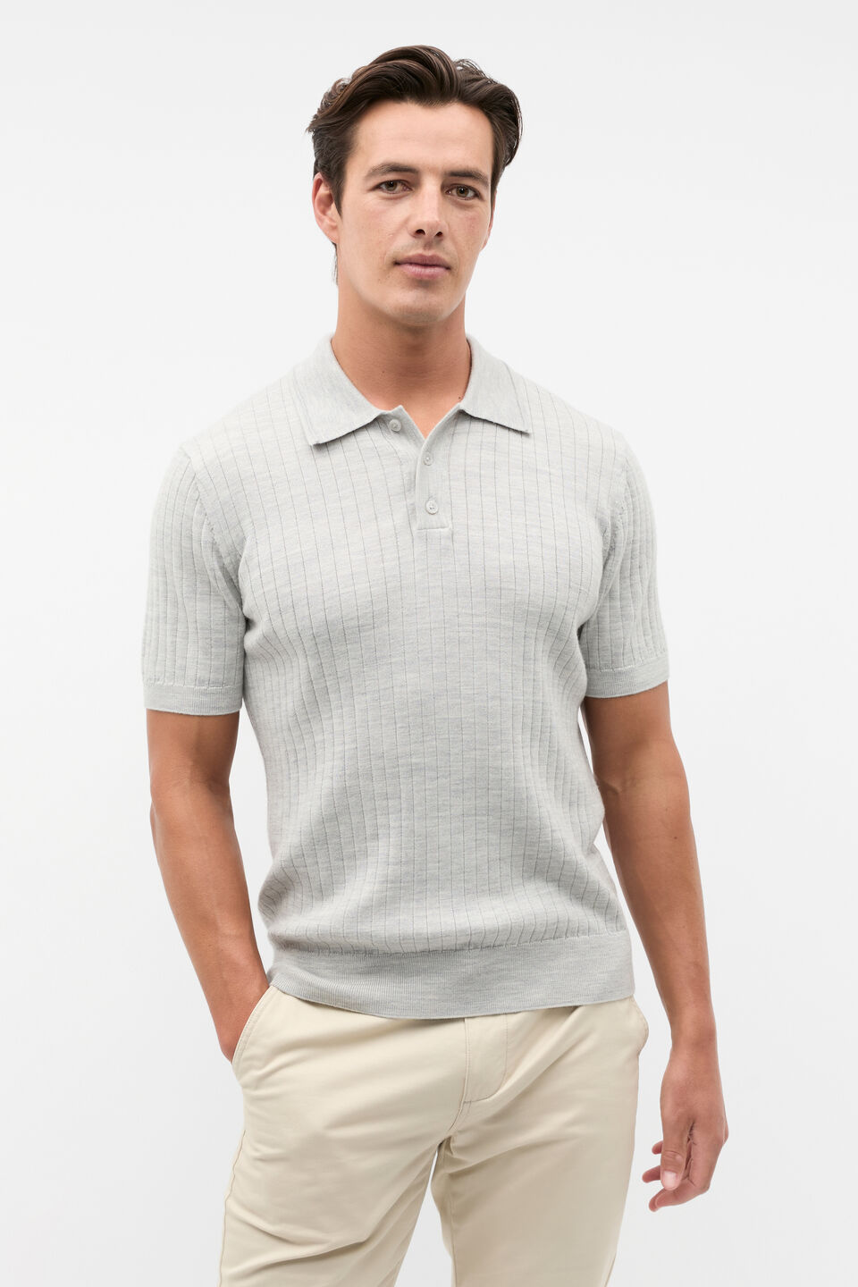 Merino Wool Polo  Silver Marle