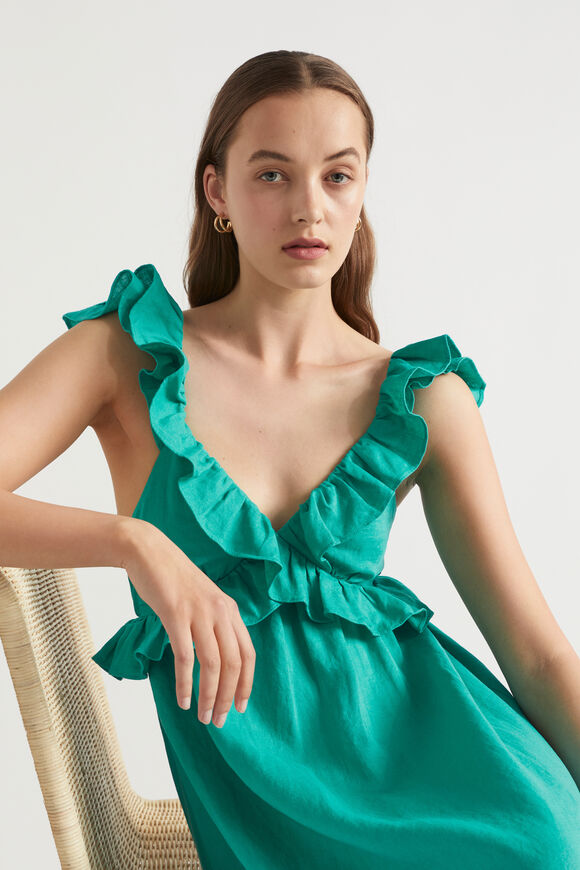 Linen Frill Detail Maxi Dress  Deep Teal  hi-res
