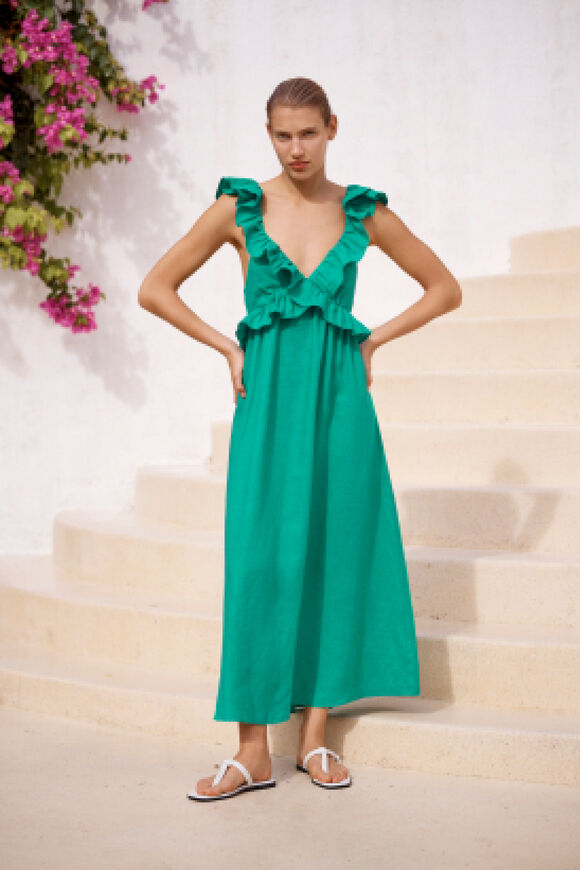 Linen Frill Detail Maxi Dress  Deep Teal  hi-res