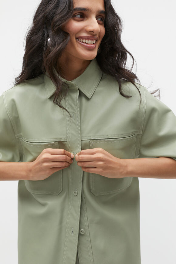 Leather Short Sleeve Shirt  Pale Olive  hi-res