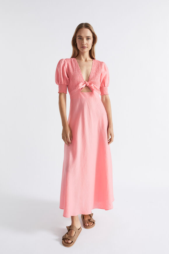 Linen Shirred Tie Front Midi Dress  Pale Peony  hi-res