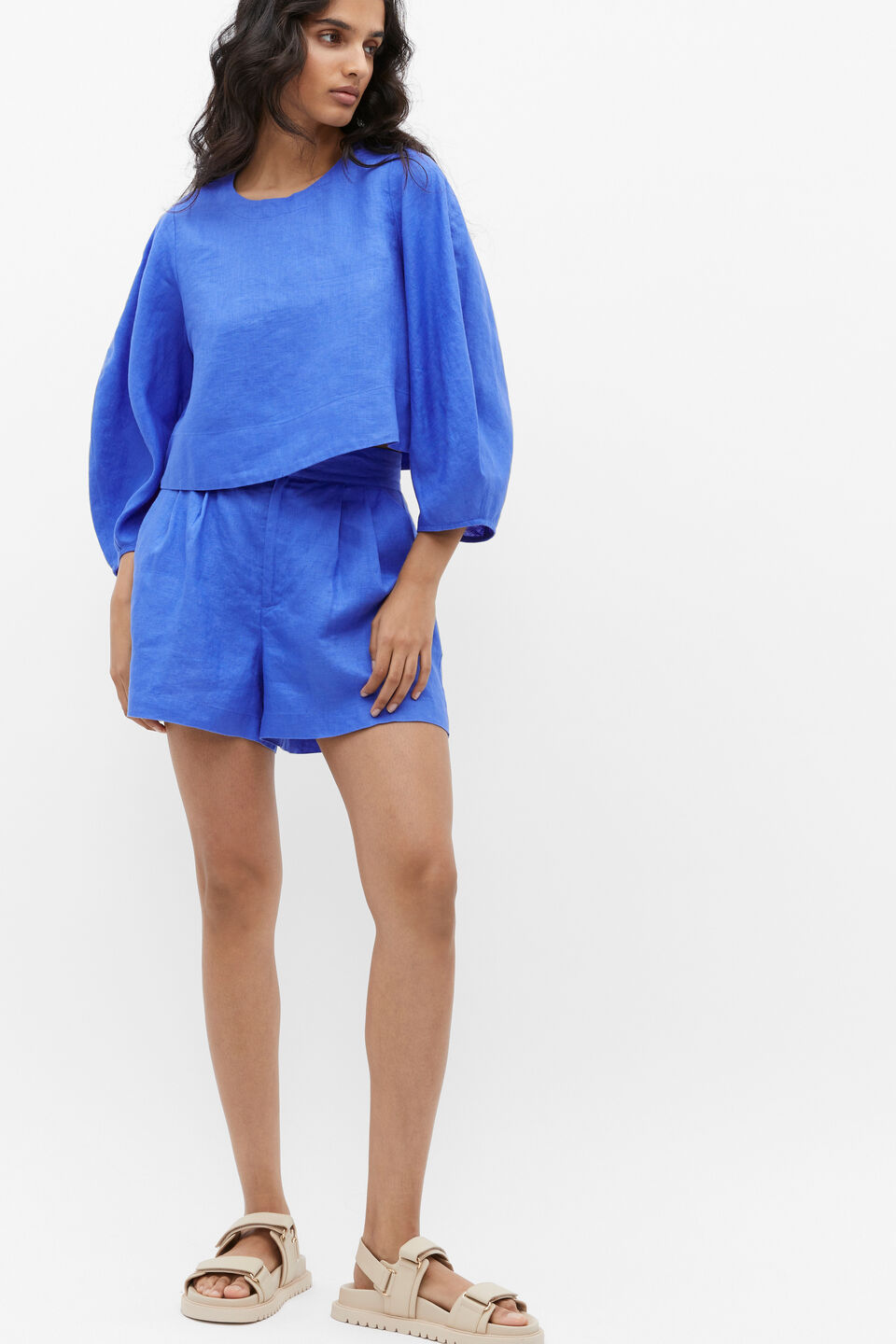 Linen Pleat Front Short  Deep Ocean