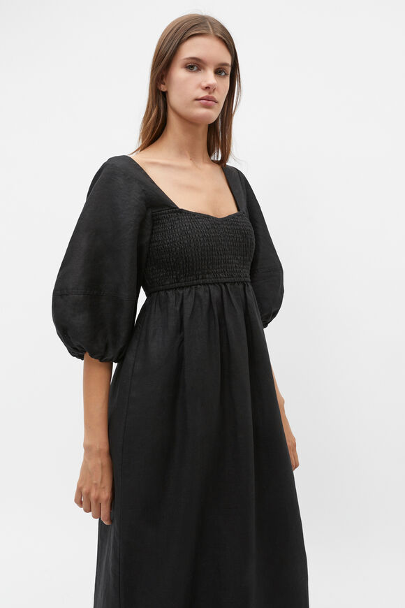 Linen Puff Sleeve Sun Dress  Black  hi-res