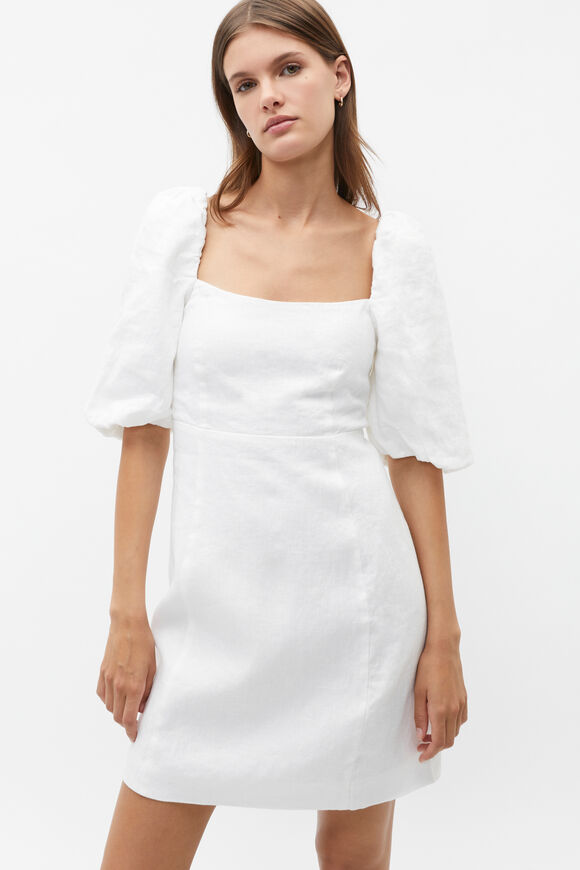 Linen Puff Sleeve Mini Dress  Whisper White  hi-res