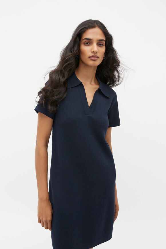 Crepe Knit Collared Mini Dress  Midnight Sky  hi-res