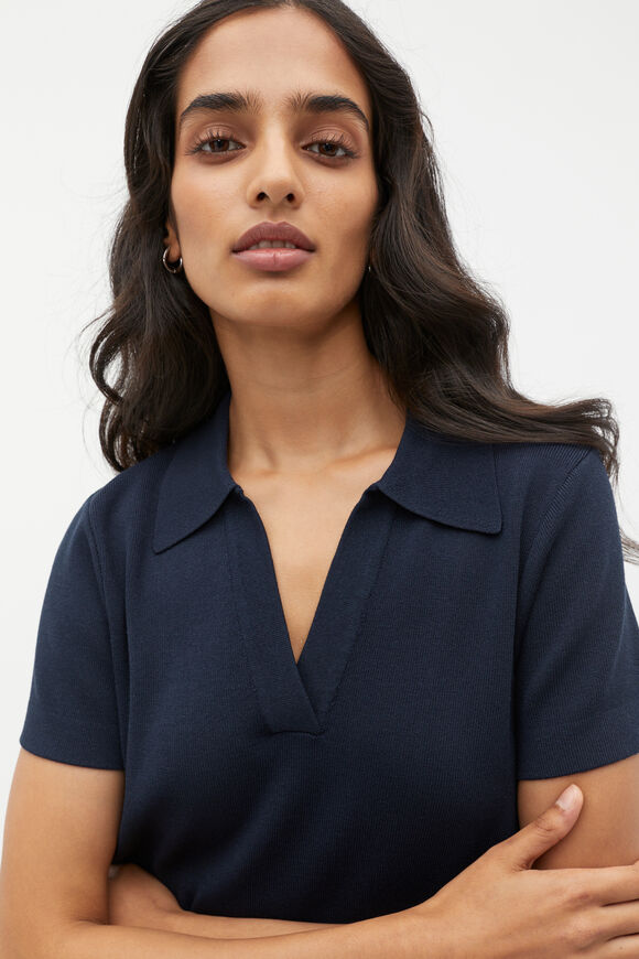 Crepe Knit Collared Mini Dress  Midnight Sky  hi-res