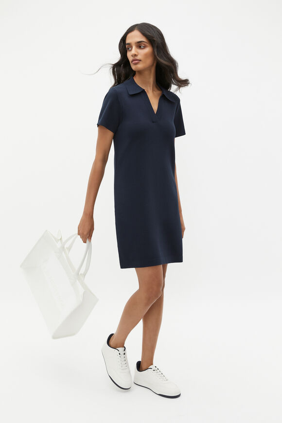 Crepe Knit Collared Mini Dress  Midnight Sky  hi-res