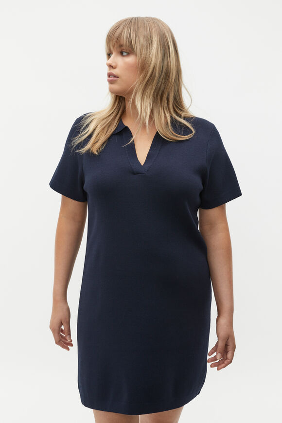 Crepe Knit Collared Mini Dress  Midnight Sky  hi-res