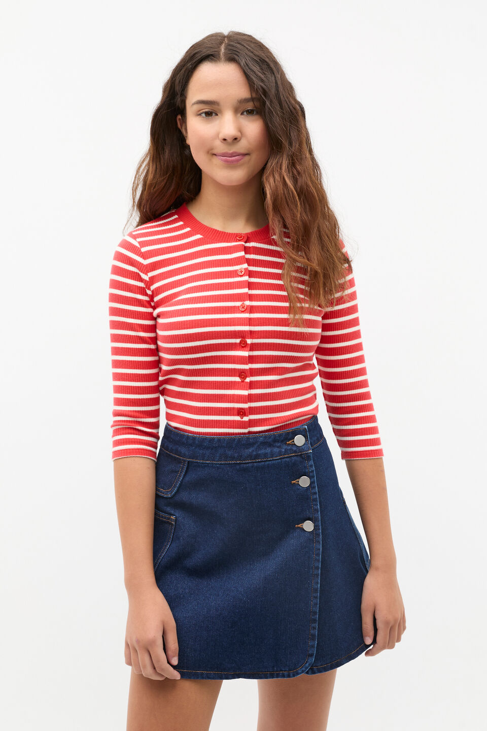 Button Up Rib Tee  Poppy Red