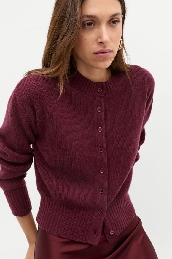 Merino Button Up Knit Cardigan  Plum Red  hi-res