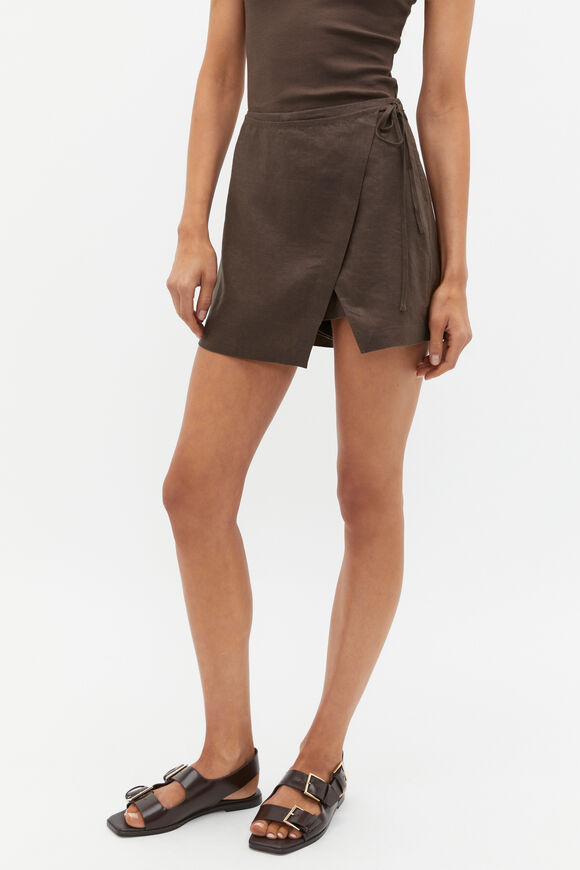 Linen Tie Wrap Skort  Dark Espresso  hi-res