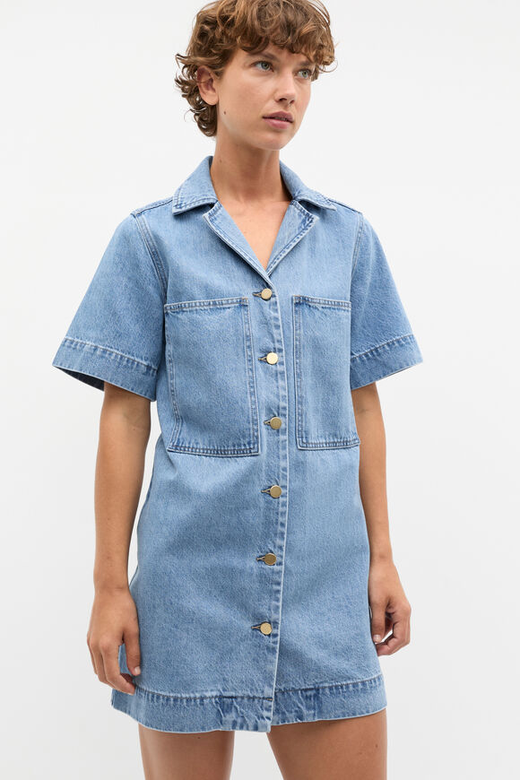 Denim Button Through Mini Dress  Mist Blue Wash  hi-res
