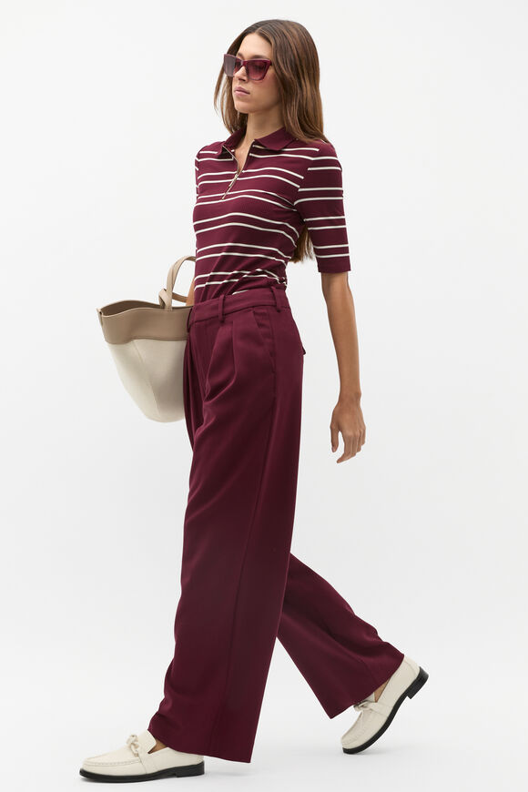 Variegated Rib Polo Top  Plum Red Stripe  hi-res