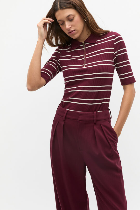 Variegated Rib Polo Top  Plum Red Stripe  hi-res