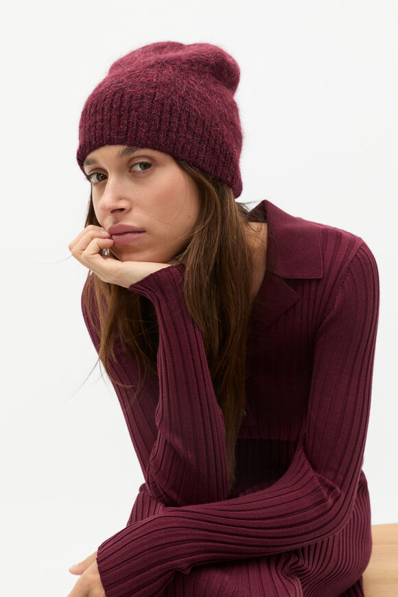 Fluffy Textured Beanie  Plum Red Marle  hi-res