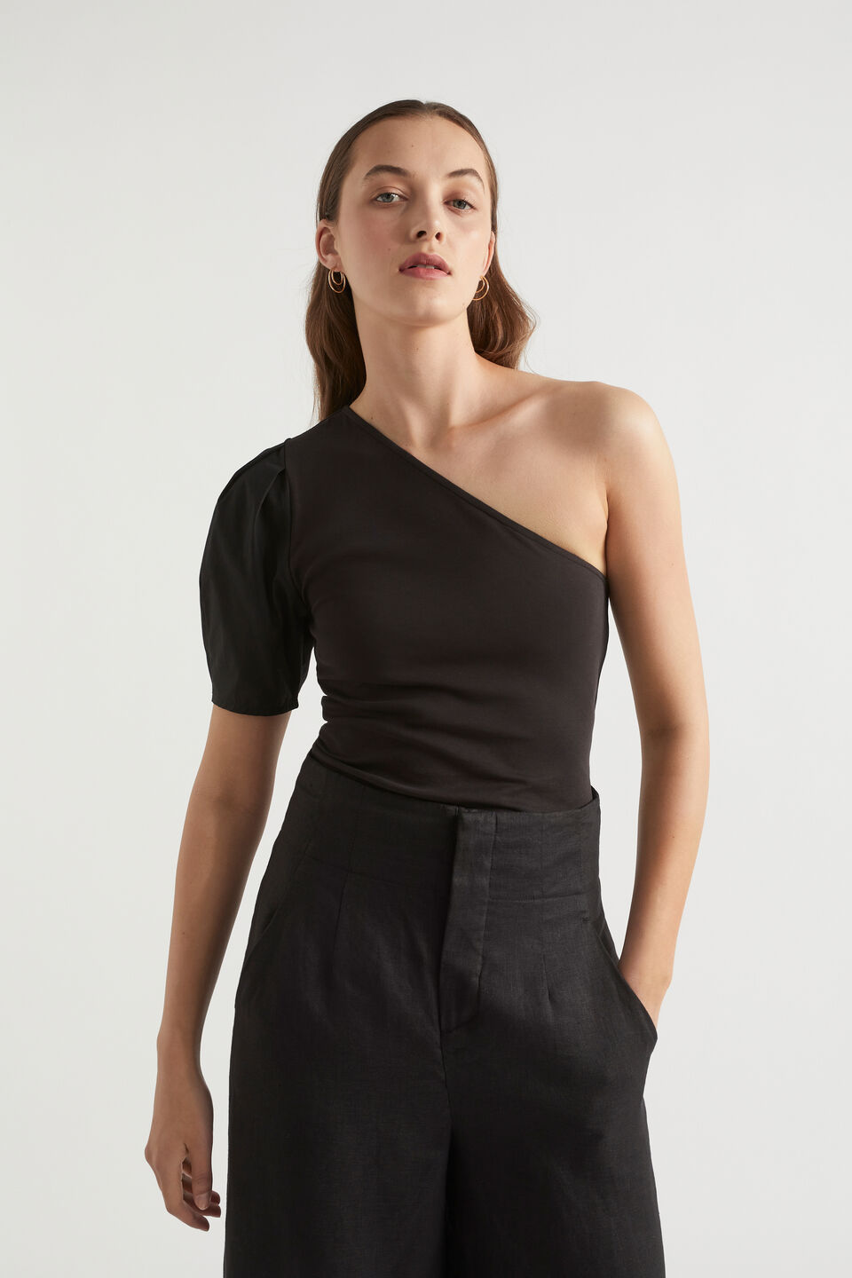 One Shoulder Poplin Sleeve Top  Black