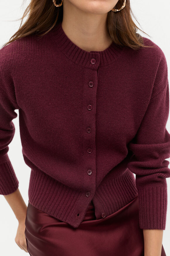 Merino Button Up Knit Cardigan  Plum Red  hi-res