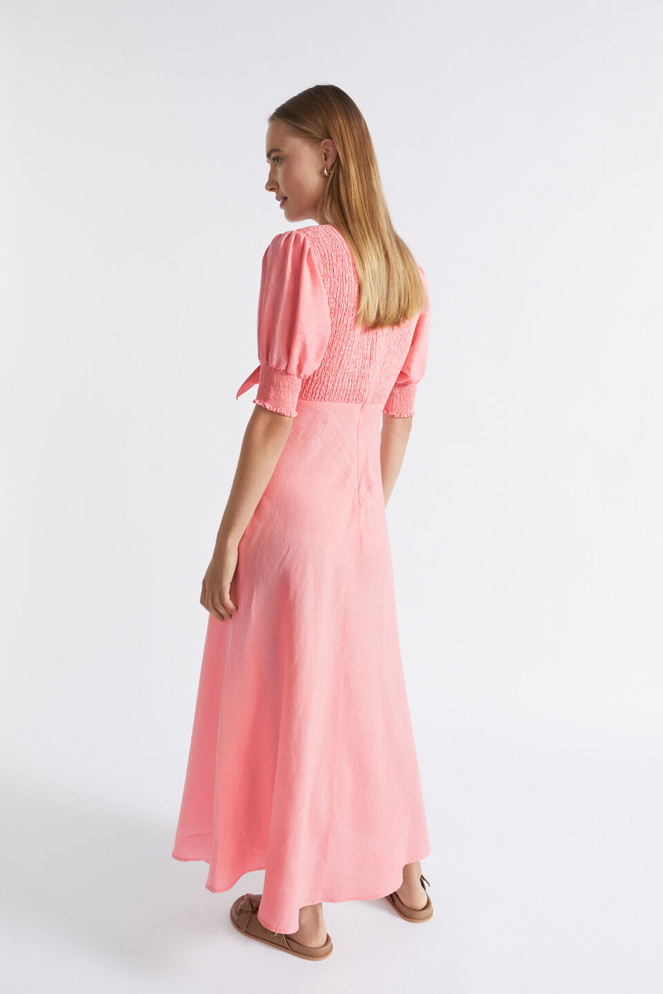 Linen Shirred Tie Front Midi Dress  Pale Peony