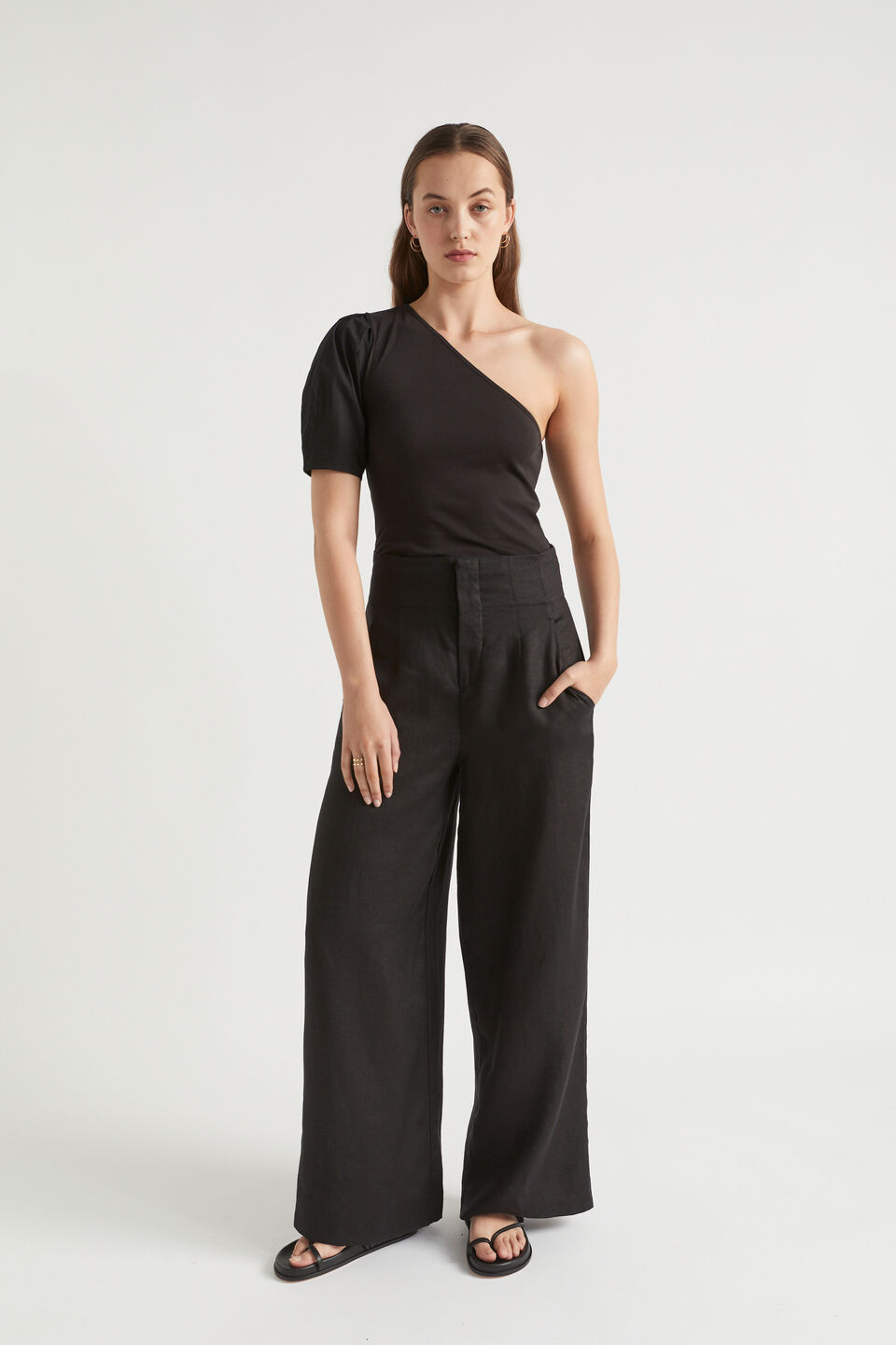 One Shoulder Poplin Sleeve Top  Black