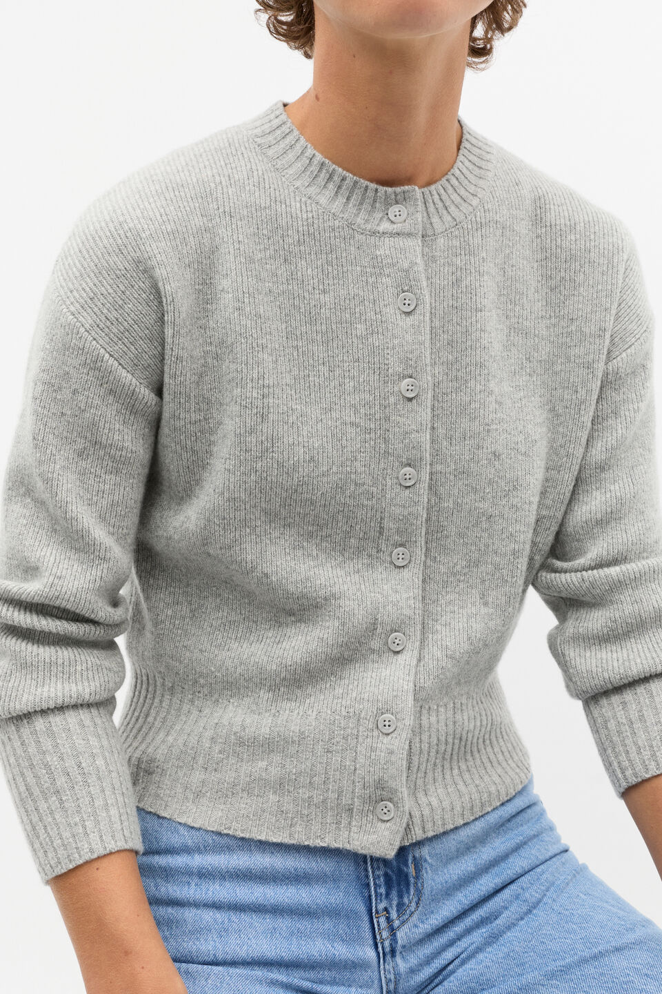 Merino Button Up Knit Cardigan  Silver Marle