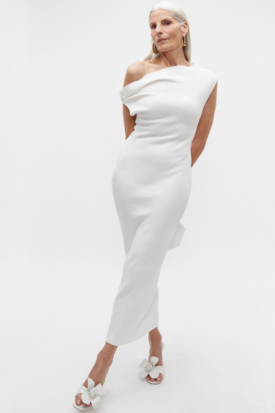 Boucle Knit Off Shoulder Dress  Cloud Cream