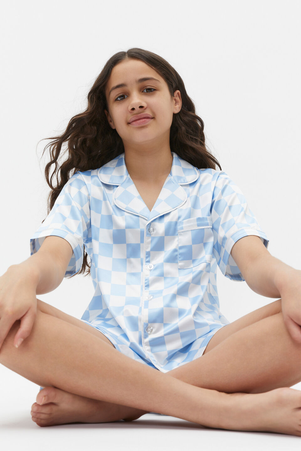 Check Satin Pyjama  Sky Blue