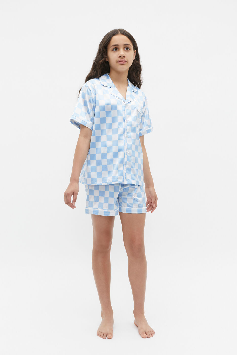Check Satin Pyjama  Sky Blue