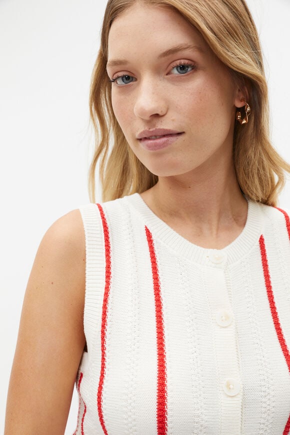 Crochet Button Vest  Strawberry Red Stripe  hi-res