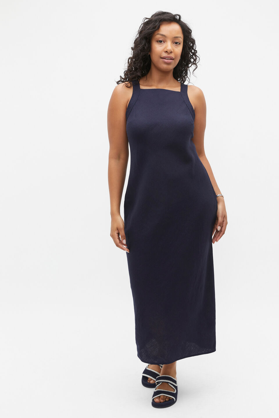 Linen Square Neck Bias Slip Dress  Midnight Sky
