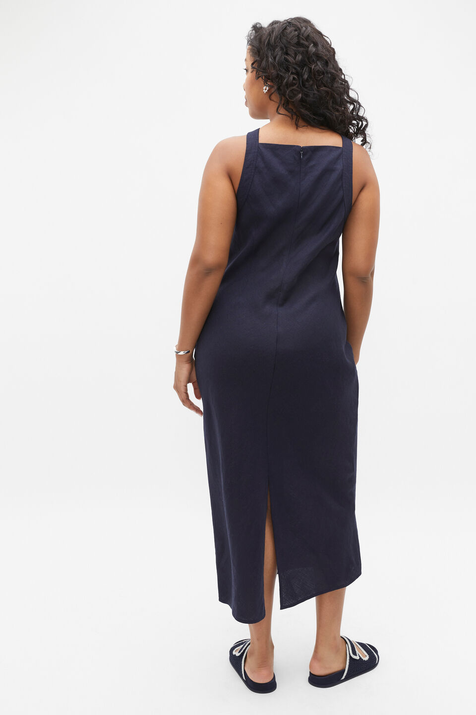 Linen Square Neck Bias Slip Dress  Midnight Sky